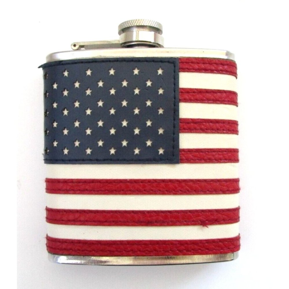 AMERICAN FLAG FLASK USA 6oz Patriotic Stainless Steel Screw Top Stitched Leather